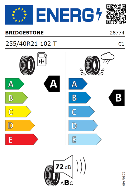 Tyre Label for Bridgestone Turanza Eco 255/40R21 102T