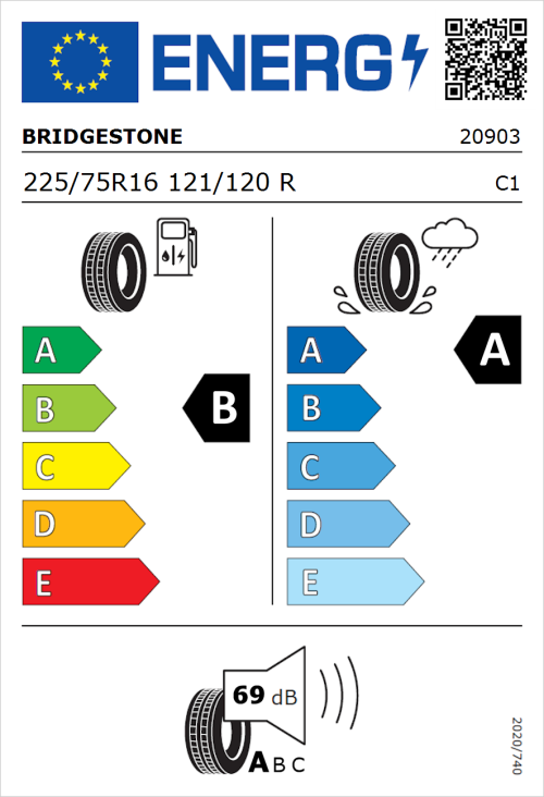 Tyre Label for Bridgestone Duravis Van 225/75R16 121/120R
